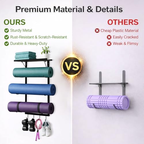 Yoga Mat Holder Wall Mount, Wall Mounted Yoga Mat Storage Rack with Shelf & Hooks, Home Gym Yoga Accessory Organizer for Mats, Foam Roller, Bands & Workout Equipment