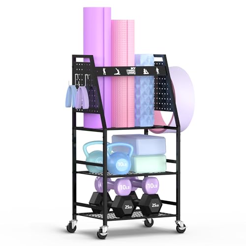 Mythinglogic Yoga Mat Storage Racks,Home Gym Storage Rack for Dumbbells Kettlebells Foam Roller, Yoga Strap and Resistance Bands, Workout Equipment Storage Organizer With Hooks and Wheels
