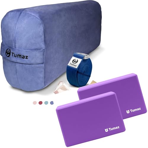 Tumaz Yoga Bolster and Block Bundle: Restorative Pillow with Strap & Non-Slip Cork/EVA Blocks Set, Machine Washable, Includes E-Book
