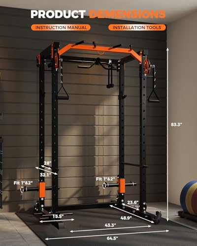 Power Cage, Power Rack with Cable Crossover System, 2000LBS Squat Rack with LAT Pull Down System, Workout Cage with Pulley System for Fitness Home Gym Strength Training (Red&Black)