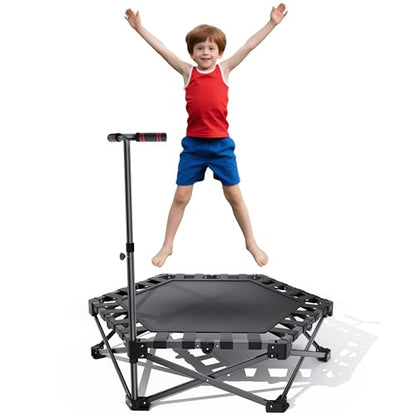 Mini Fitness Trampoline with Adjustable Handle Bar, Black, Indoor Exercise Rebounder for Kids, Foldable Frame