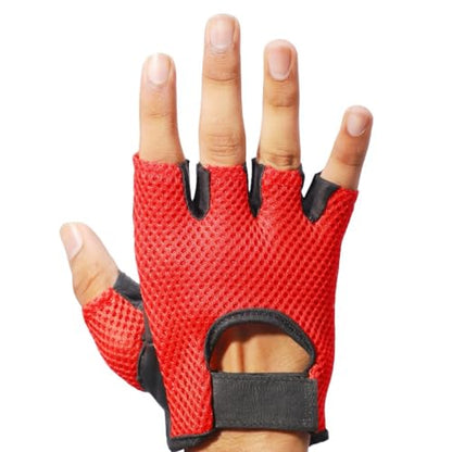 Leather MESH Fingerless Weight Lifting Exercise Gym Wheelchair Gloves Black/RED WLG-021