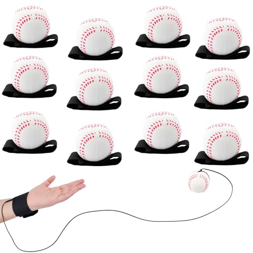 SAYAYA 12 PCS Wrist Return Ball on a String 2.36 Rebound Return Sport Balls with Elastic Strap Baseball Soccer Tennis Practice Party Favors, Wrist Exercise and Fun Play for Kids & Adults - color: White Baseball, size: 12 Pcs