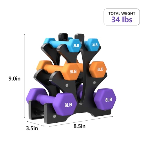Portzon Weights Dumbbells Set 3, 5, 8, and 10 Pound Neoprene Dumbbell Free Hand Weight Set with Rack, Ideal for Home Exercises, 32 LB, Anti-Slip, Anti-roll, Hex Shape