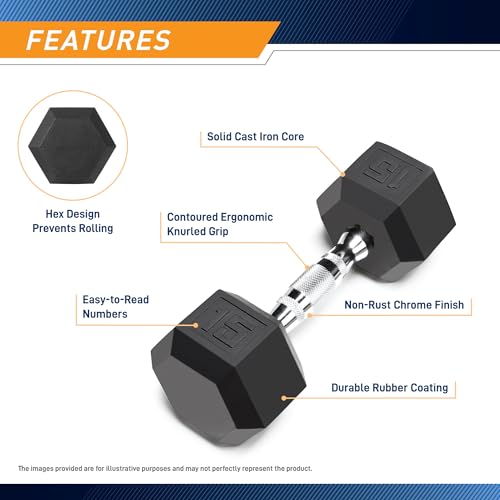 Marcy Classic Rubber Hex Dumbbell with Knurled Grip for Strength Training and Bodybuilding, 5lb - 50lb Single Dumbbell for Exercise & Fitness, Sold Individually - style: 15lb, Single
