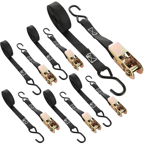 6 Pcs 1 Inch Ratchet Straps Heavy Duty 20ft Tie Down Strap Ratchet with Hooks, 2200 LBS Break Strength, Black Cargo Ratchet Straps for Motorcycle Straps Tie Downs, Appliances, Equipment