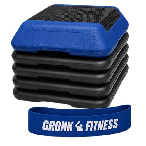 Gronk Fitness Aerobic Step Platform | Adjustable 16x16 Non-Slip | Includes risers, mini resistance band, supports cardio, strength, balance, mobility, home workouts