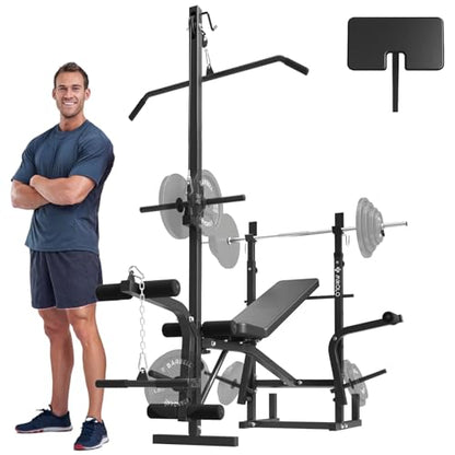 Mikolo 8 in 1 Olympic Weight Bench Set with Leg Extension and Leg Curl, Multi-Function Bench Press Set with Preacher Curl Pad and Chest Fly, Full-Body Strength Training Equipment - color: Black with Barbell