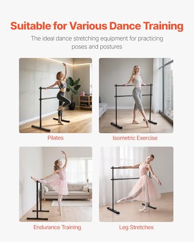 VEVOR Ballet Barre, 4 Ft Double Barre Bar for Home, Freestanding Portable Ballet Stretching Dance Bars, Height Adjustable Anti-Wobble Fitness Studio Equipment, for Pilates Balance Workout