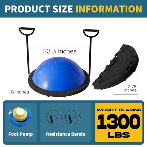 Vtory Foldable Balance Ball, Upgrate Half Ball Balance Trainer, 1300 lbs Capacity Stability Ball, 23.5 Inch Yoga Half Ball, with Resistance Band & Foot Pump, No-slip Blue Pink