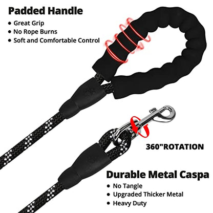 Rope Dog Leash 3 FT: Heavy Duty Leashes with Swivel Lockable Hook Reflective Threads Bungee and Padded Handle - Dog Lead for Large Small Medium Dogs Outside Walking Hiking Black - color: Black, size: 3ft*1/2''