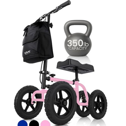 Vive Mobility All Terrain Knee Scooter Walker for Foot Injuries - Adult Broken Leg Crutch Cart Roller for Surgery, Broken Foot, Ankle Injury - Kneeling Rolling Steerable Seated Wheel Scooter Aid - color: Pink