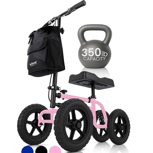 Vive Mobility All Terrain Knee Scooter Walker for Foot Injuries - Adult Broken Leg Crutch Cart Roller for Surgery, Broken Foot, Ankle Injury - Kneeling Rolling Steerable Seated Wheel Scooter Aid - color: Pink