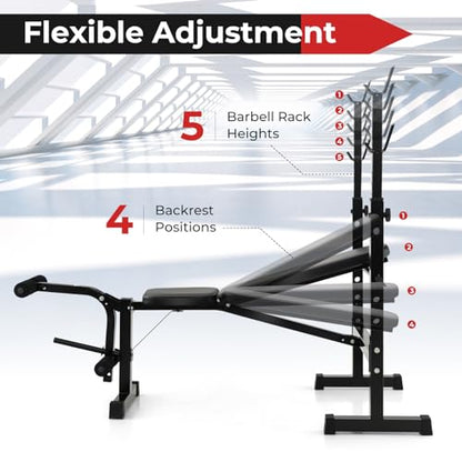 GYMAX Adjustable Weight Bench, Foldable Weight Bench with Squat Racks, Leg Extension & Leg Curl, Strength Training Workout Bench Press, Olympic Weight Lifting Bench Set for Home Gym