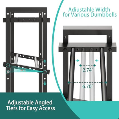 3 Tier Adjustable Dumbbell Rack, 33.6-Inch Weight Rack for Home Gym, Extended Base kettlebell holder for Home Gym, Space-Saving Dumbbell Stand - 900LBS Capacity (Rack Only)