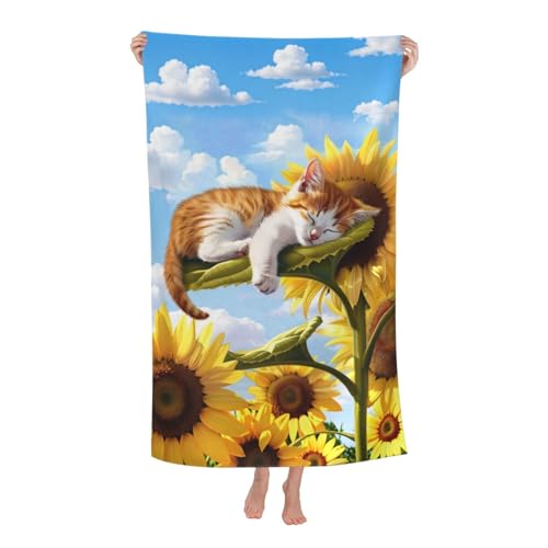 Sleeping Cat Beach Towel,32x52in Microfiber Quick Dry Cute Kitten Sunflower Bath Towels,Soft Lightweight Oversized Sand Free,for Travel Pool Swimming Gym Decor,Gifts - color: Cat