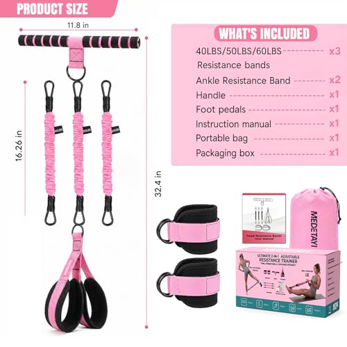 Pedal Resistance Band 40/50/60 lbs with Handles and Ankle Cuffs, 3-Tube Adjustable Exercise Bands for Women’s Home Workout, Abs, Core, Arm, Leg and Hip Training