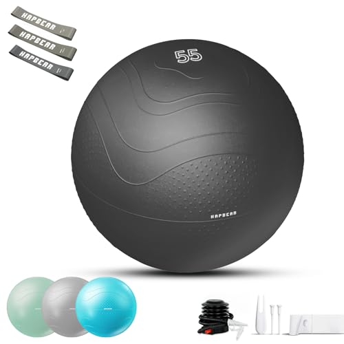 HAPBEAR Exercise Ball (22''/26''/30'') - Anti-Burst Slip-Resistant Yoga/Pilates Ball for Core Training & Posture Improvement, Home Gym/Rehab/Pregnancy Ball, Quick Pump & 3 Resistance Bands Included - color: Black, size: M (19-22IN / 48-55cm)