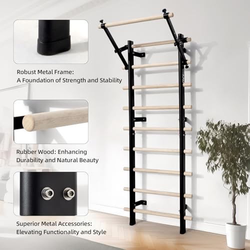 Swedish Ladder, Wood Stall Bar with Suspension Trainer Straps, Pull-Up Dip Bar Attachment, Strategic Rods, for Home, School, hysical Therapy and Gymnastics