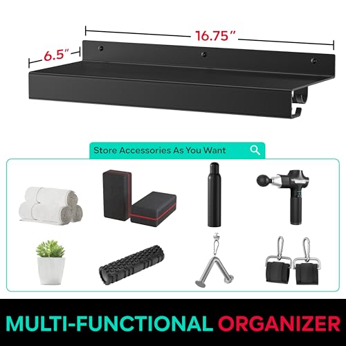 Metal Shelf Compatible with Tonal Accessories, Floating Shelf Organizer for Home Gym Storage, T-Lock Adapters Bracket Hanger, Gym Rack Wall Mounted with Hooks, Black Workout Holder