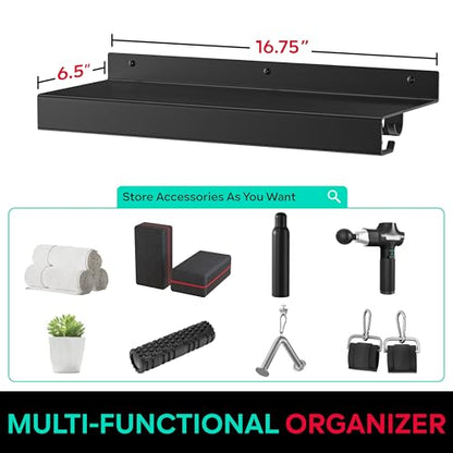 Metal Shelf Compatible with Tonal Accessories, Floating Shelf Organizer for Home Gym Storage, T-Lock Adapters Bracket Hanger, Gym Rack Wall Mounted with Hooks, Black Workout Holder