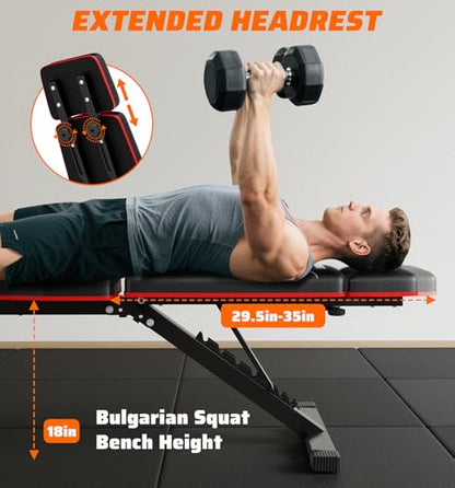 Foldable Adjustable Weight Bench with Leg Extension & Preacher Pad for Home Gym, Bench Press for Full Body Workout with Leg Developer, 900Lbs Capacity & Space-Saving Design