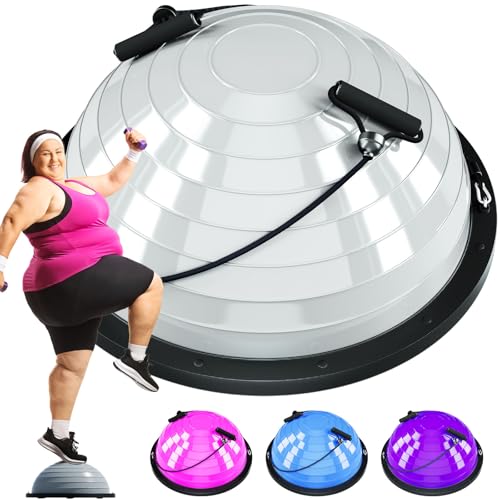 Half Balance Ball Trainer - 23 Inch Half Exercise Ball for Workout, Physical Therapy, Yoga, Home Gym, Core Strength, Stability, Fitness, Balance Training Equipment with Resistance Bands, Foot Pump - color: gray, size: X-Large