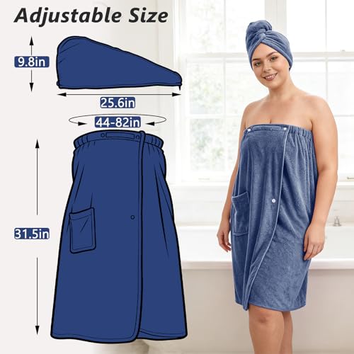 Women’s Plus Size Towel Wrap with Hair Towel (2XL-4XL), Oversized Shower Body Wrap Bathrobe, Soft Quick-Dry Hair Drying Towel for Spa Use Blue - color: Blue, size: 2XL-4XL