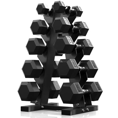 PAPABABE Hex Dumbbell Sets with Rack, 100-600lb Rubber Coated Dumbbell Weight Set and Storage Rack, Multiple Options Hand Weights for Strength Training - style: 150 lb Set (Pair of 5, 10, 15, 20, 25 lb with Rack)