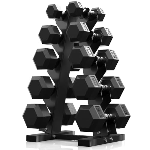PAPABABE Hex Dumbbell Sets with Rack, 100-600lb Rubber Coated Dumbbell Weight Set and Storage Rack, Multiple Options Hand Weights for Strength Training - style: 150 lb Set (Pair of 5, 10, 15, 20, 25 lb with Rack)