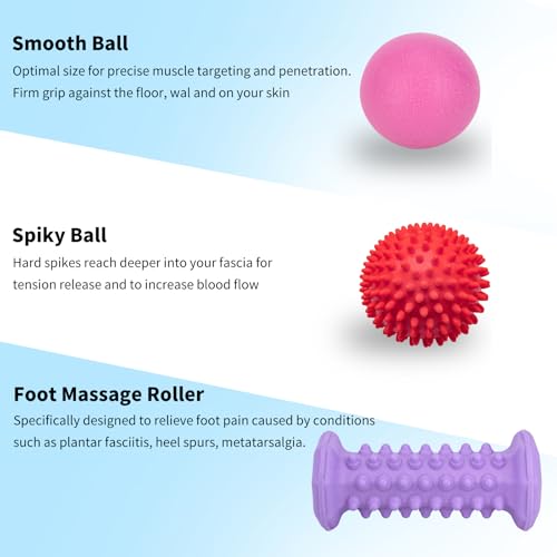 Plantar Fasciitis Relief Purple Set,Foot Roller Massager,Massage Lacrosse Ball,Spiky Ball Therapy Set for Relieve Plantar Fasciitis,Foot Arch and Heel Pain,Deep Tissue Muscle Massage