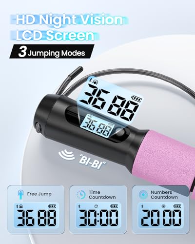 RENPHO Smart Jump Rope with Counter, App Data Tracking, LCD Display - color: Pink