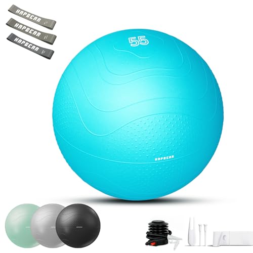 HAPBEAR Exercise Ball (22''/26''/30'') - Anti-Burst Slip-Resistant Yoga/Pilates Ball for Core Training & Posture Improvement, Home Gym/Rehab/Pregnancy Ball, Quick Pump & 3 Resistance Bands Included - color: Sky Blue, size: M (19-22IN / 48-55cm)