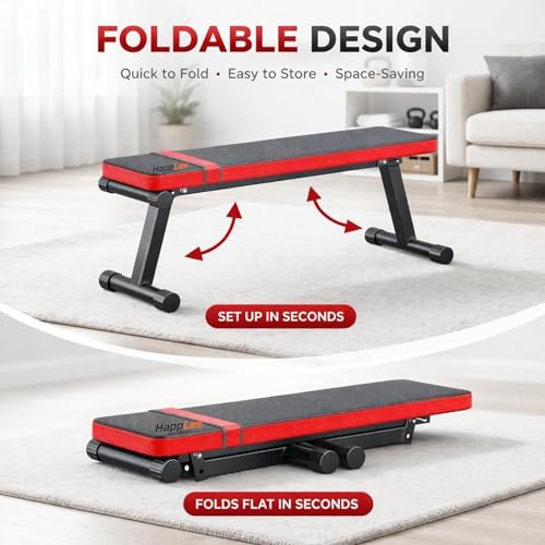 Happlee Flat Weight Bench for Home Gym Foldable Workout Bench for Dumbbell Exercise 618 lb Capacity Strength Training Bench Compact Bench Press Equipment for Small Space Apartment Garage Gym Black