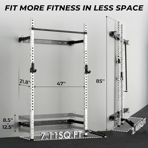 Mikolo 2" x 2" Folding Wall Mounted Squat Rack, 1000 Pounds Capacity Power Rack with Pull Up Bar, J Hooks and Other Attachments, Space-Saving Home Gym - color: White, style: Home Gym Package (230 LBS)
