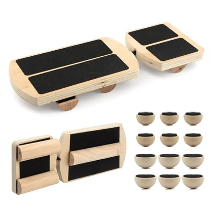 Ankle Balance Board Foot Strengthener, Adjustable Wobble Board with 12 Balls & Balance Rods,18°/24°/30° Tilt Levels, 300lbs Max Capacity, Non-Slip Wooden Trainer for Ankle & Core Stability Training