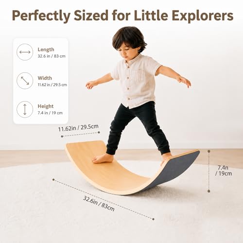 Wooden Balance Board for Kids, Montessori Wobble Board with Anti-Slip Surface, 33 Inch Natural Curved Balance Toy for Toddlers, Open-Ended Waldorf Play Equipment for Indoor Active Play, Gifts for Kids Ages 3+ Years