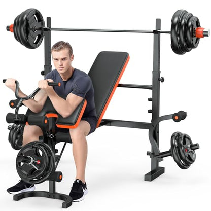 XDDIAS Bench Press, 6 IN 1 Olympic Weight Bench With Leg Extension, Curl and Squat Rack, 770LBS Multi Weight Benches for Home Gym, Workout Bench Flat Incline Lifting Bench for Strength Training