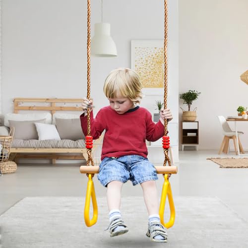 Trapeze Bar, 16" Adjustable Height Wooden Swing Set, Trapeze Climbing Bar Assembly with Rings, Gym Hanging Accessories Playground Attachments