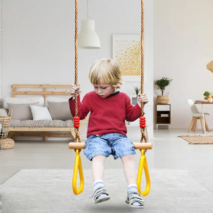 Trapeze Bar, 16" Adjustable Height Wooden Swing Set, Trapeze Climbing Bar Assembly with Rings, Gym Hanging Accessories Playground Attachments