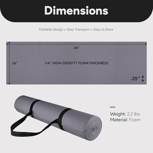 Fitvids All Purpose 1/4-Inch High Density Anti-Tear Exercise Yoga Mat with Carrying Strap, Multiple Colors