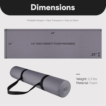 Fitvids All Purpose 1/4-Inch High Density Anti-Tear Exercise Yoga Mat with Carrying Strap, Multiple Colors