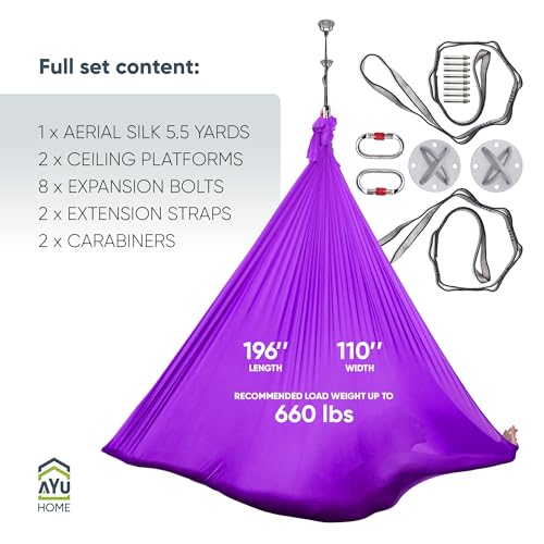 AyuHome Aerial Silks Kit for Home - Premium Yoga Swing for Adults with 660 lbs Capacity - Versatile Aerial Yoga Hammock for Gymnastics Training