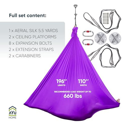 AyuHome Aerial Silks Kit for Home - Premium Yoga Swing for Adults with 660 lbs Capacity - Versatile Aerial Yoga Hammock for Gymnastics Training