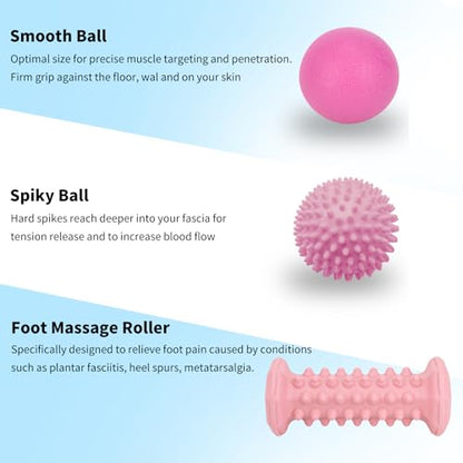 Plantar Fasciitis Relief Pink Set,Foot Roller Massager,Massage Lacrosse Ball,Spiky Ball Therapy Set for Relieve Plantar Fasciitis,Neuropathy Pain Relief Feet,Deep Tissue Muscle Massage - color: Pink Combination