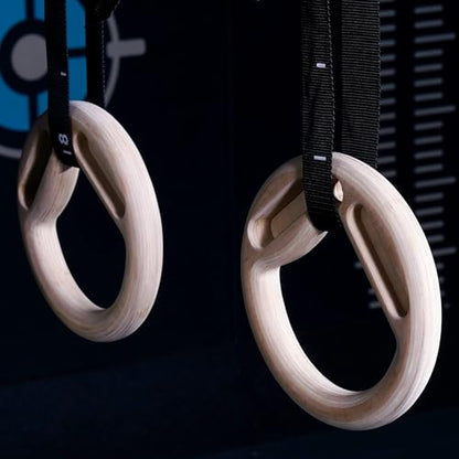 Wooden Gymnastic Rings with Built-in Hangboard – 32mm Birch Rings with 6 Grip Options & Numbered 38mm Straps – Calisthenics, Climbing, Bodyweight Training