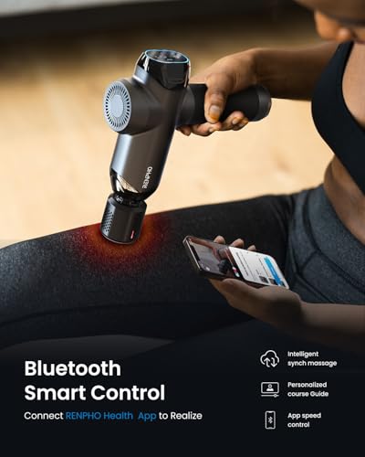 RENPHO Power+ Thermacool Massage Gun with Heat and Cold, Fathers Day Dad Gifts, 12mm Amplitude Deep Tissue Percussion Massager for Professional Athletes, App Controlled Guided Courses, 6 Speeds - color: Soot-black