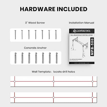 Multifunctional Wall Mounted Pull Up Bar with Pulley System, 48" and 16"/24" Multi-Grip Chin Up Bar, Cable Pulley Attachments Included, Perfect for Upper Body Workouts