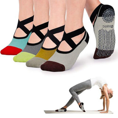 Ozaiic Pilates Socks for Women Non Slip Grip Yoga Barefoot Indoor Workout - color: 4 Pairs -Green/Brown/Beige/Gray