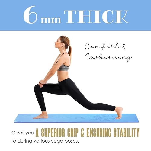 Non Slip TPE Yoga Mat 6mm Thick with Carrying Strap, Lightweight Exercise Mat for Home Workout, Pilates & Fitness, Comfort Cushion Workout Mat